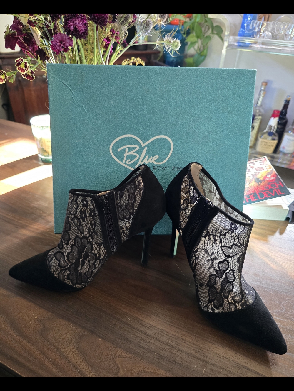 Blue by Betsey Johnson Lola Black  Lace Pointed-Toe Stiletto Ankle Booties 8